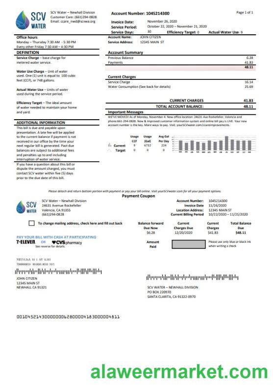 USA California Santa Clarita SCV Water utility bill template in Word and PDF format